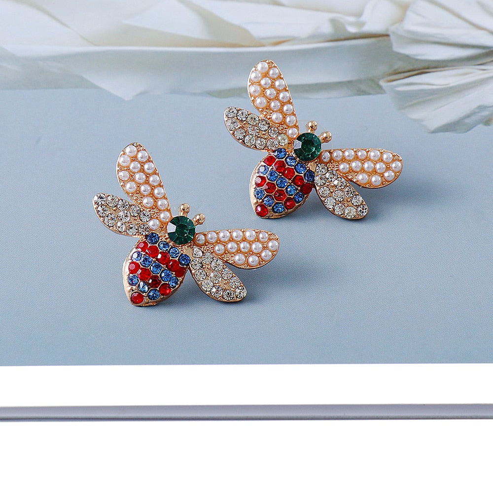Exquisite Fashion Bee-shaped, Crystal Gemstone and Pearl Earrings