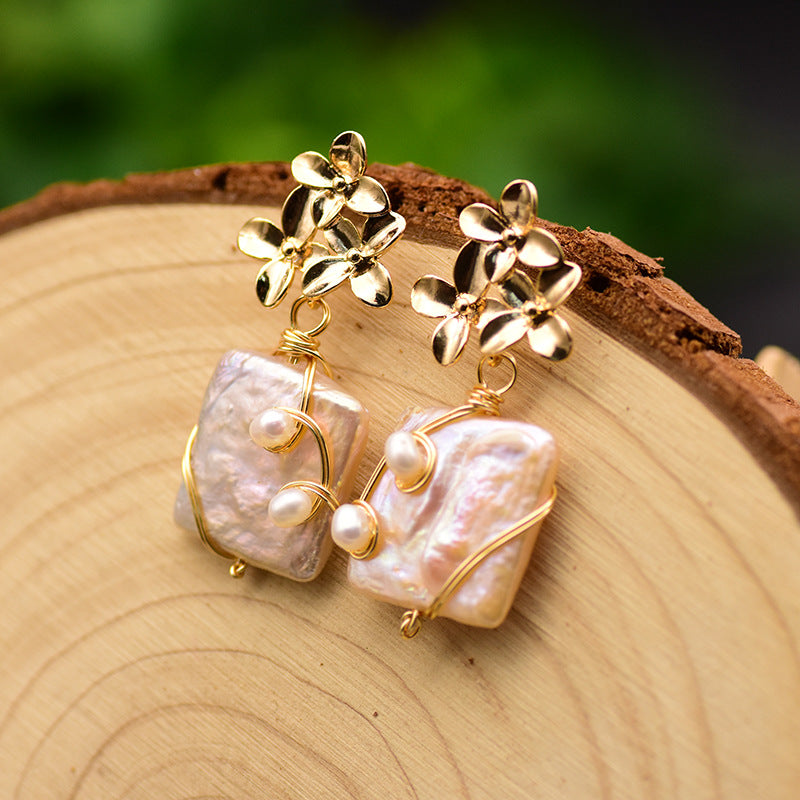 Handmade Flower Drop Earrings Natural Baroque Square Pearl Earrings For Women Fine Jewelry