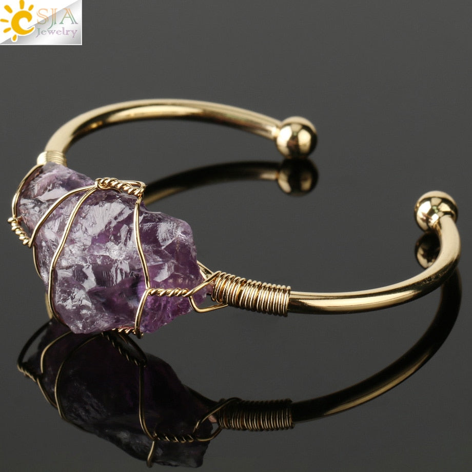 Quartz Stone Bangle Gold-color Wire Crystal Bracelet