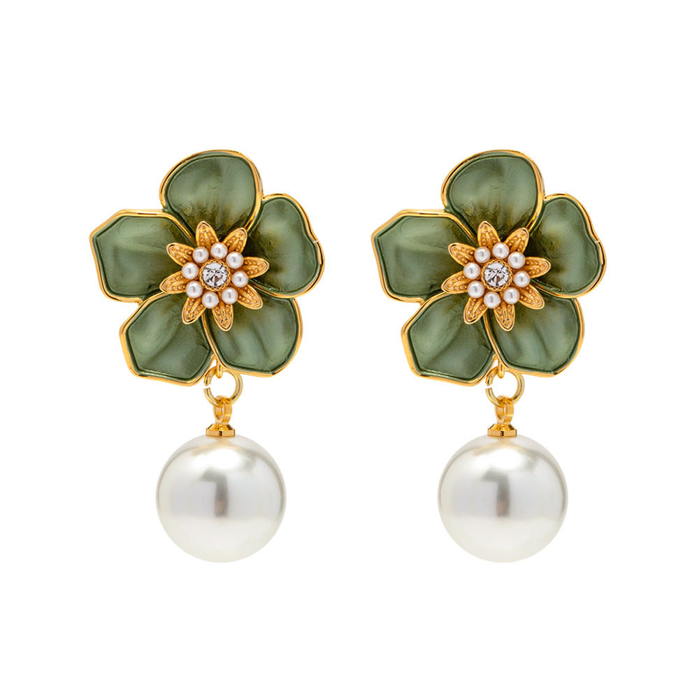 Green Flower Pearl Stud Earrings