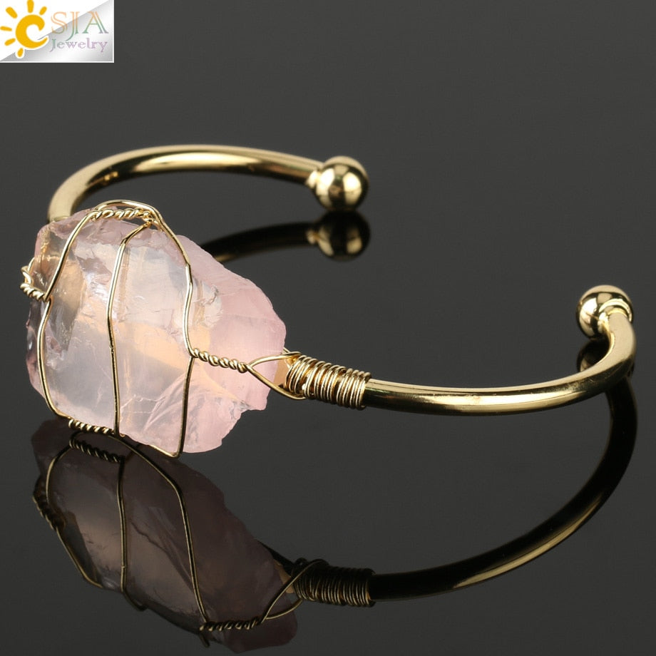 Quartz Stone Bangle Gold-color Wire Crystal Bracelet