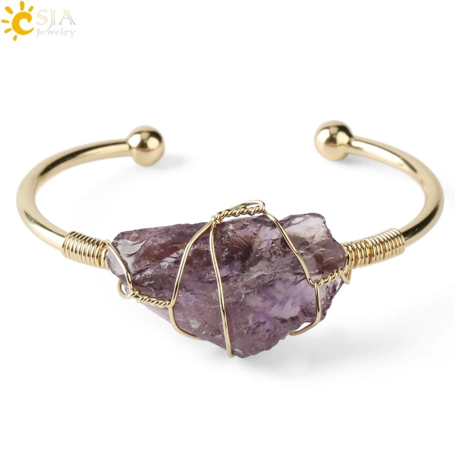 Quartz Stone Bangle Gold-color Wire Crystal Bracelet