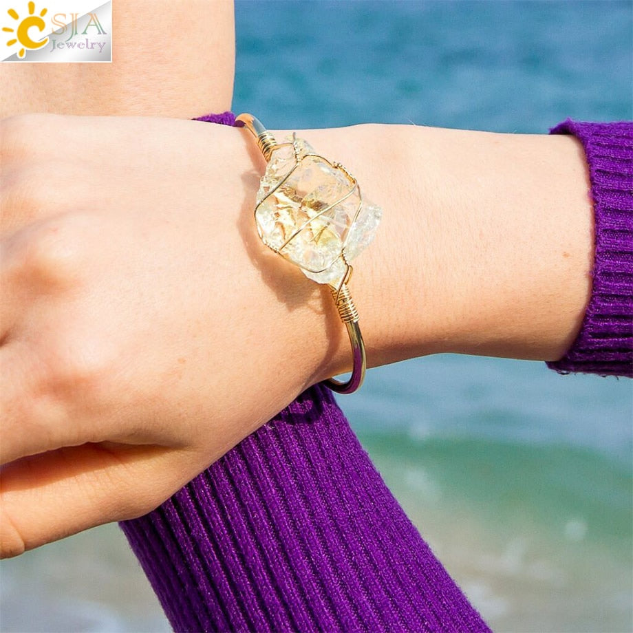 Quartz Stone Bangle Gold-color Wire Crystal Bracelet