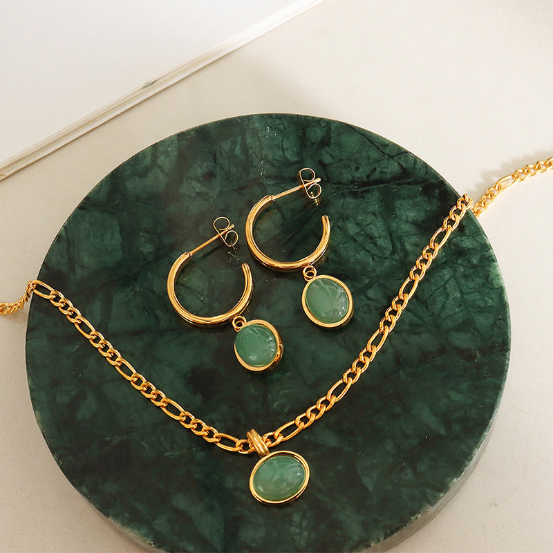 Green Agate Pendant Ethnic Style Necklace With Earrings