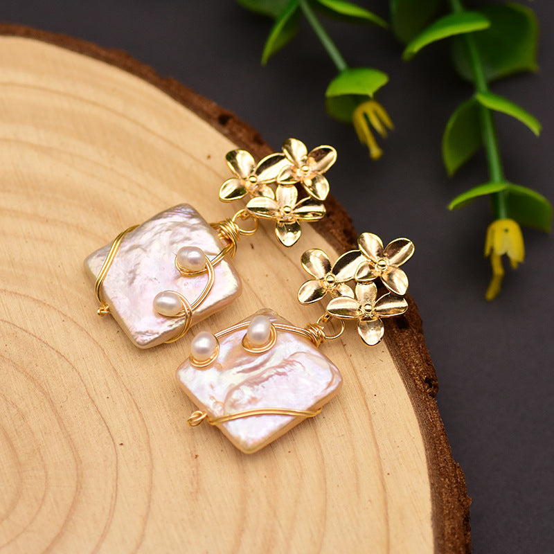 Handmade Flower Drop Earrings Natural Baroque Square Pearl Earrings For Women Fine Jewelry
