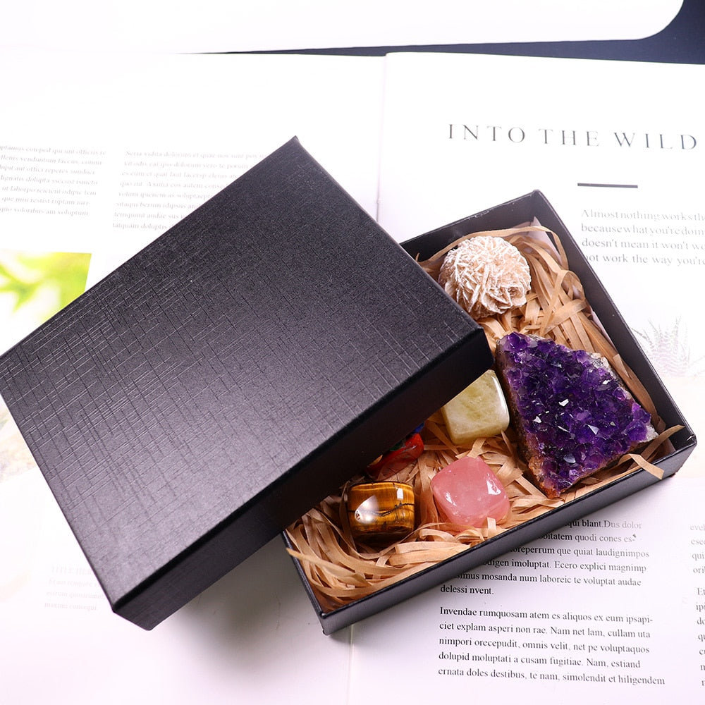 7 Natural Crystal Quartz Chakra Healing Gemstone Box Collection